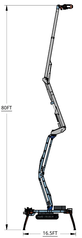 Drawing showing an 80-foot vertical reach and 16.5-foot outrigger dimension