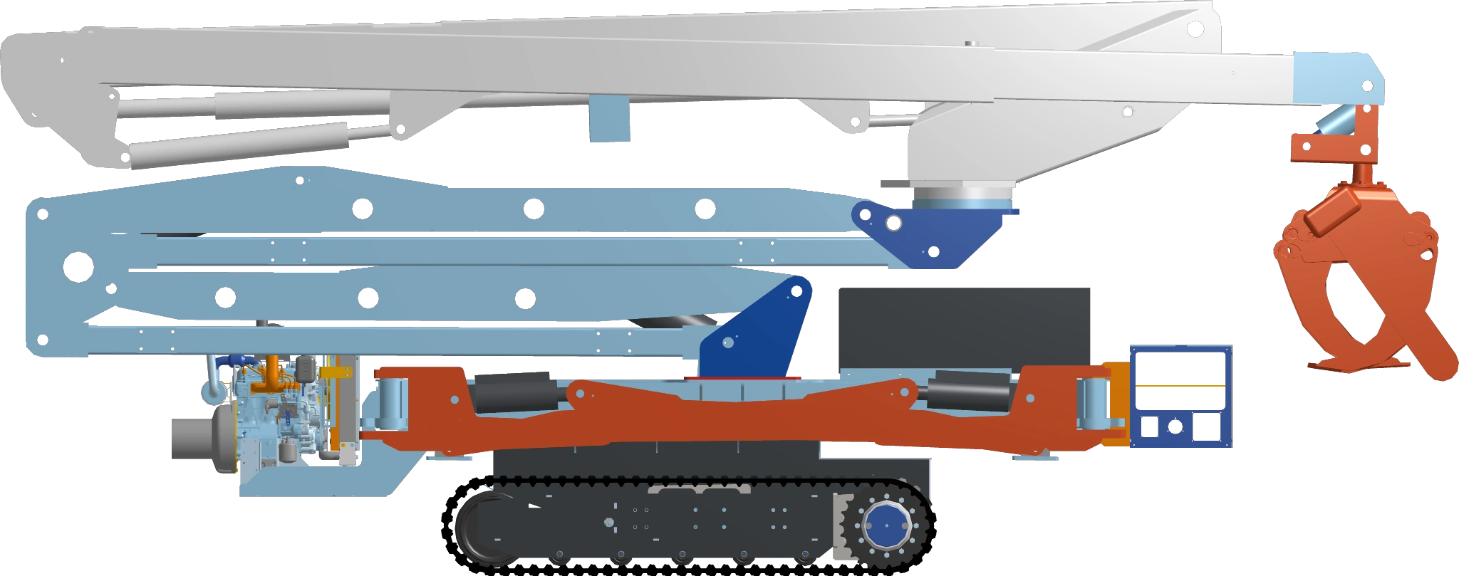 SLIM TRIM side elevation showing folded boom sections, grapple, engine, and tracks